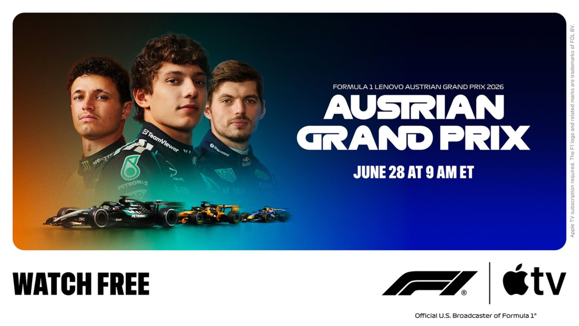 Watch the F1 Austrian Grand Prix free on Apple TV from June 26-28, including qualifying and race coverage without subscription.