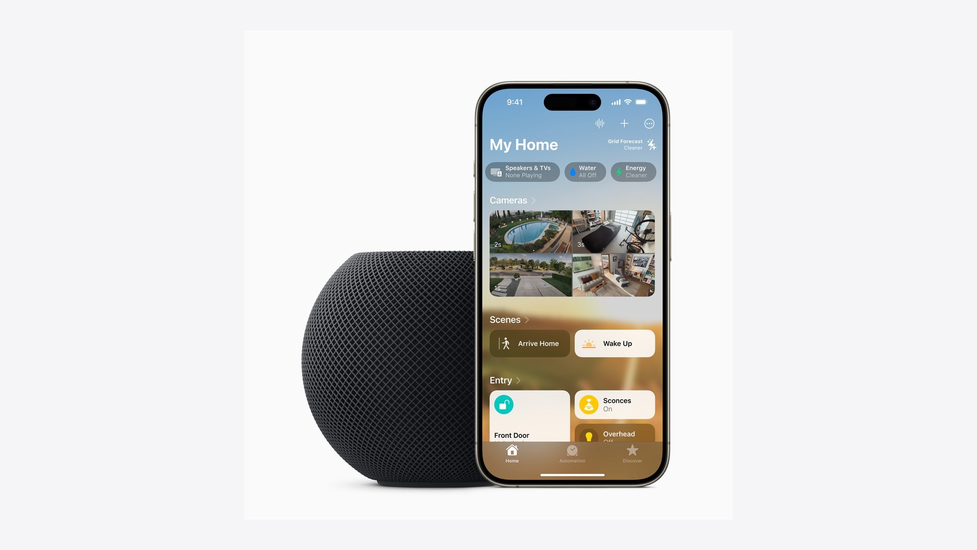 HomePod mini beside an iPhone showing the Apple Home app