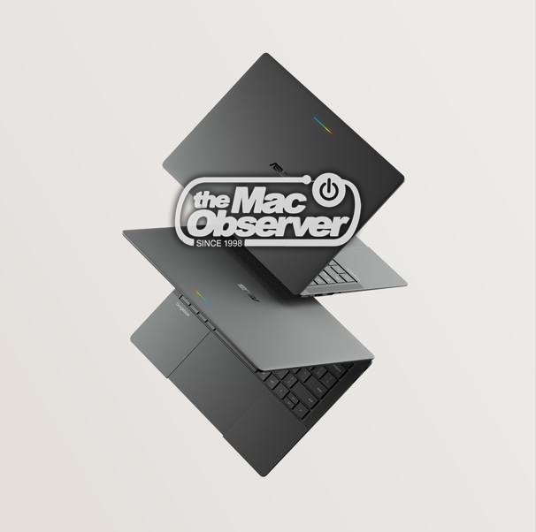 Two ASUS Googlebook laptops in dark grey, one closed and one open