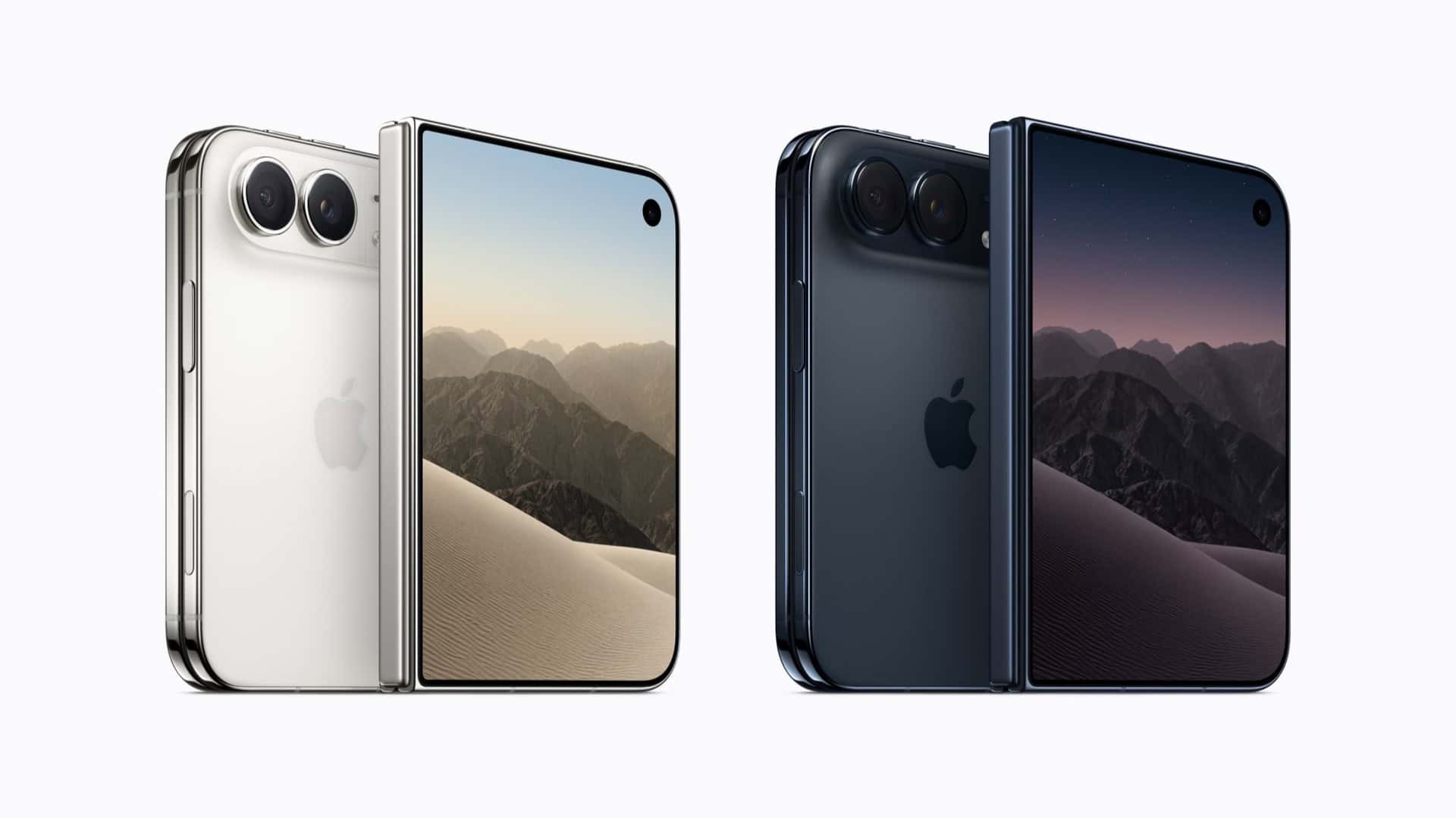 iPhone Duo in star white and night sky, shown open and closed