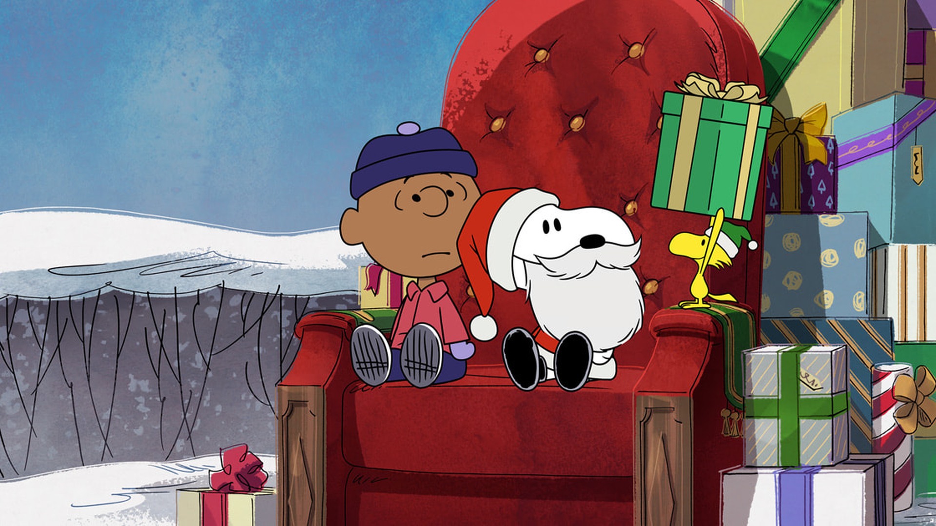 Snoopy and a Peanuts character sitting beside wrapped holiday gifts
