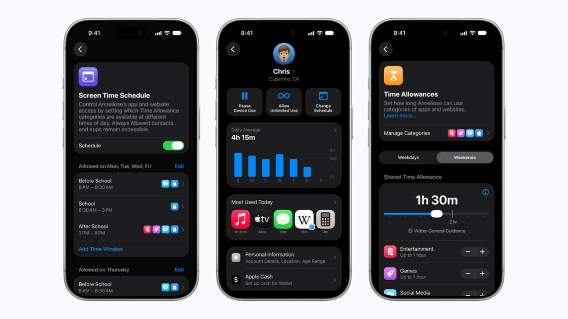 Three iPhones displaying Screen Time and Family Sharing controls for children