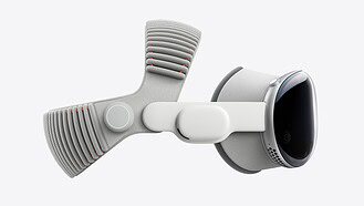 Apple Vision Pro and its Dual Knit Band shown from the side
