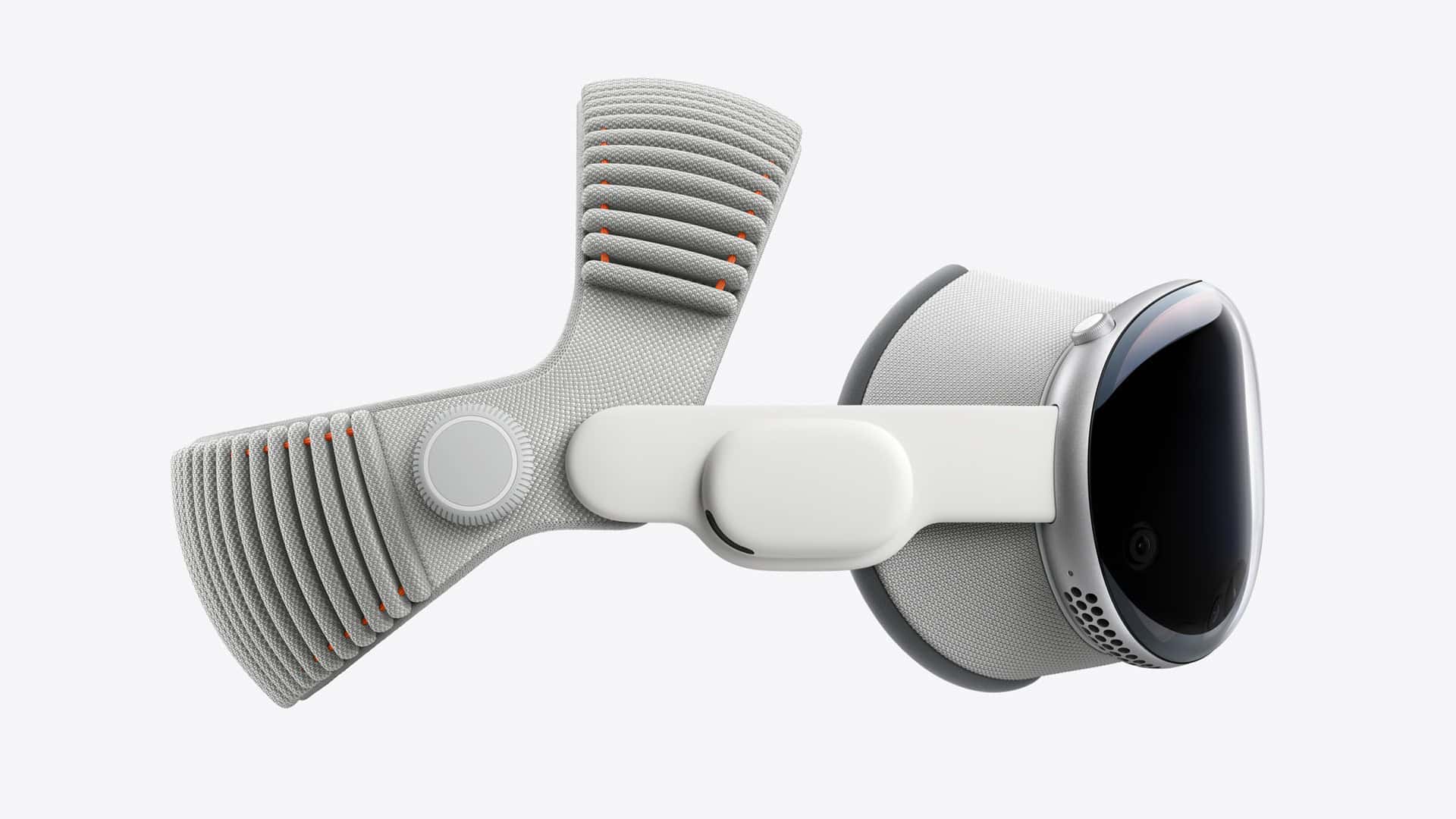 Apple Vision Pro and its Dual Knit Band shown from the side