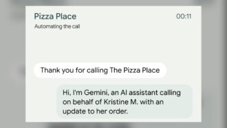 Gemini live transcript showing an automated call to a pizza restaurant
