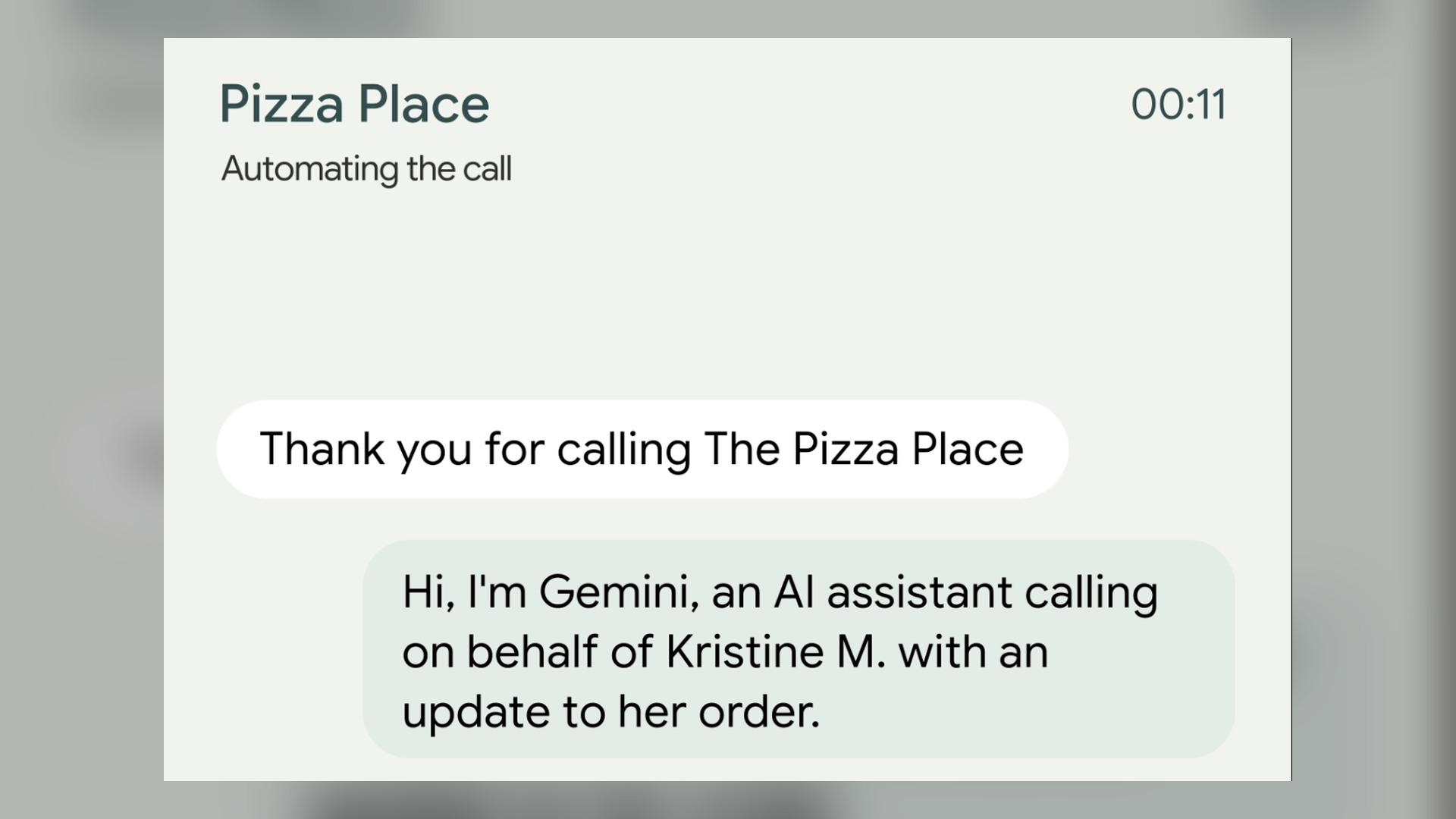 Gemini live transcript showing an automated call to a pizza restaurant
