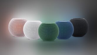 Five unreleased HomePod mini speakers in green, pink, blue, white and black