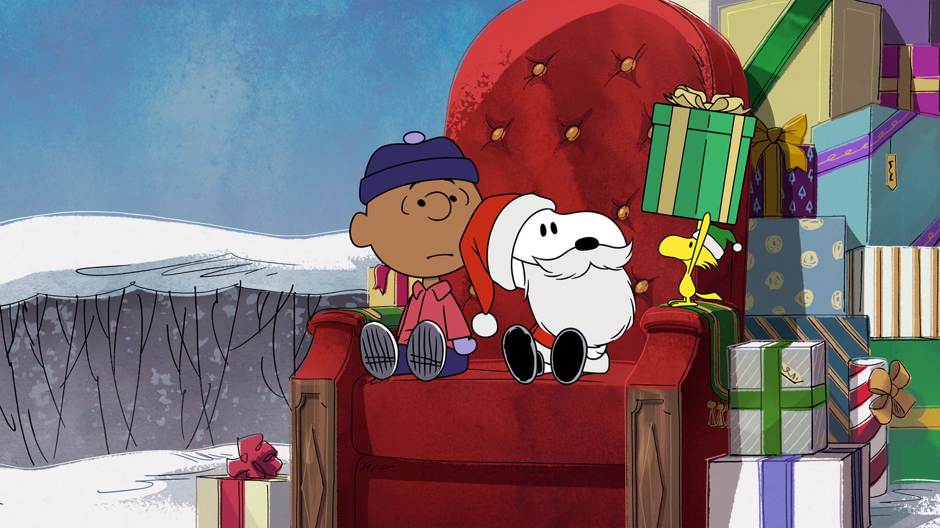 Snoopy and a Peanuts character relaxing beside holiday gifts