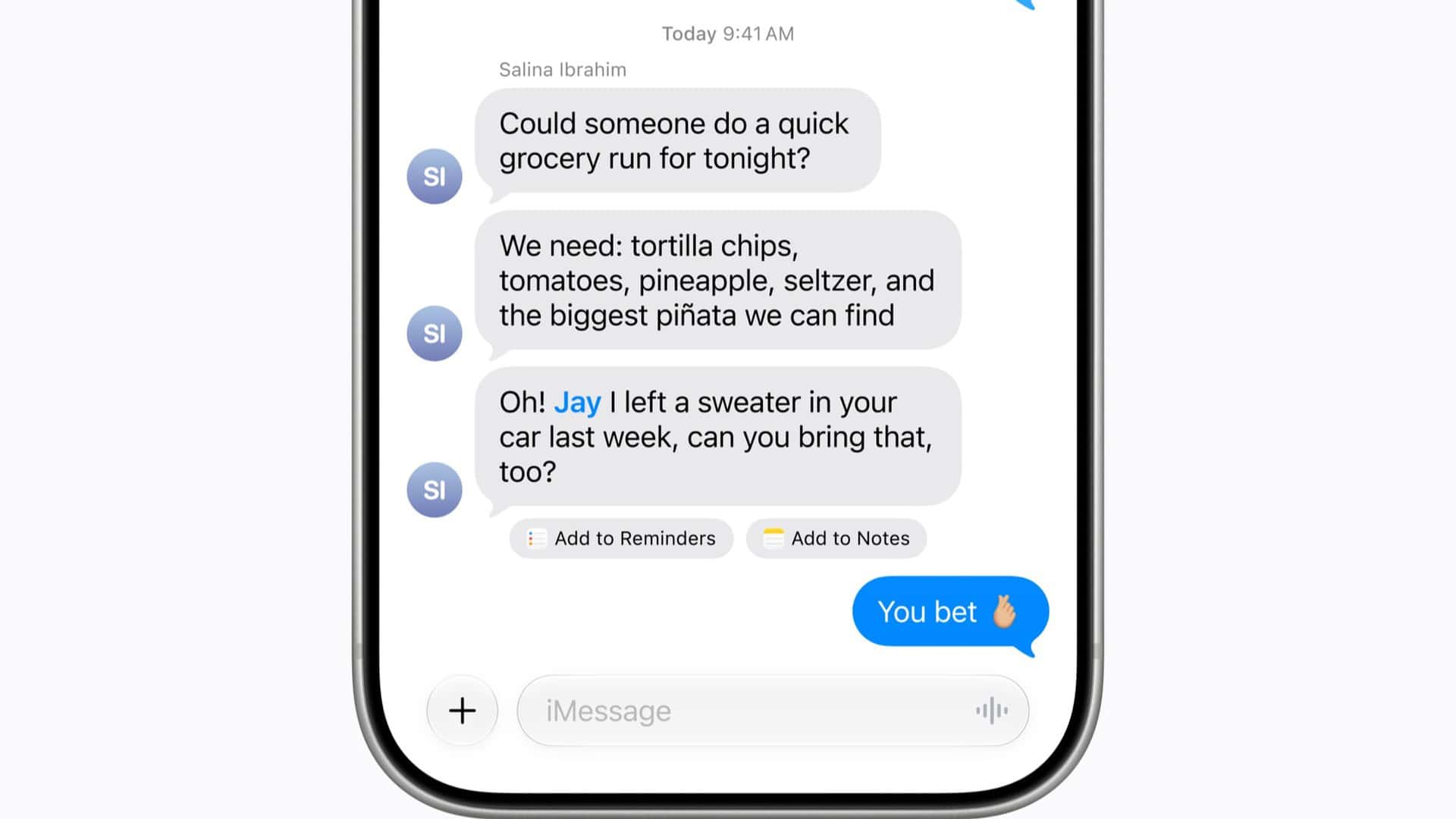 An iPhone displaying a Messages conversation with suggested actions