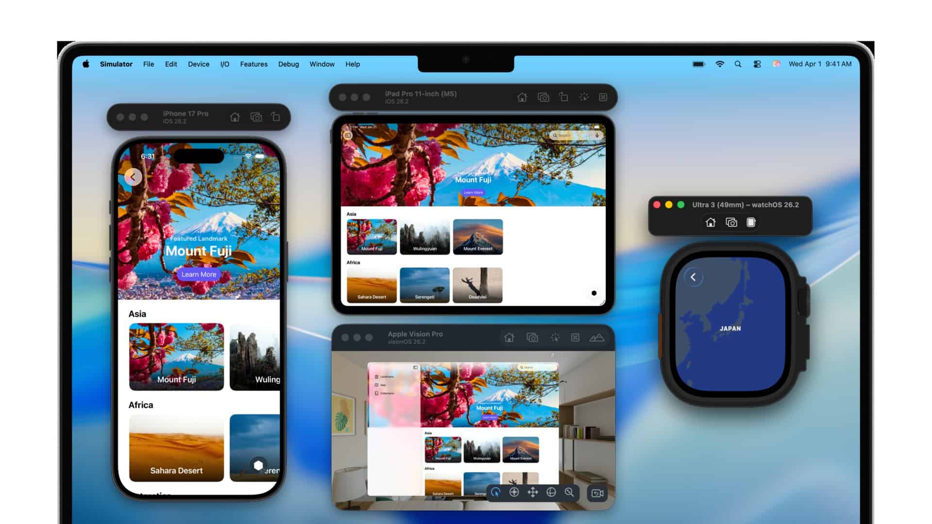 Apple device simulators running alongside Xcode on a Mac