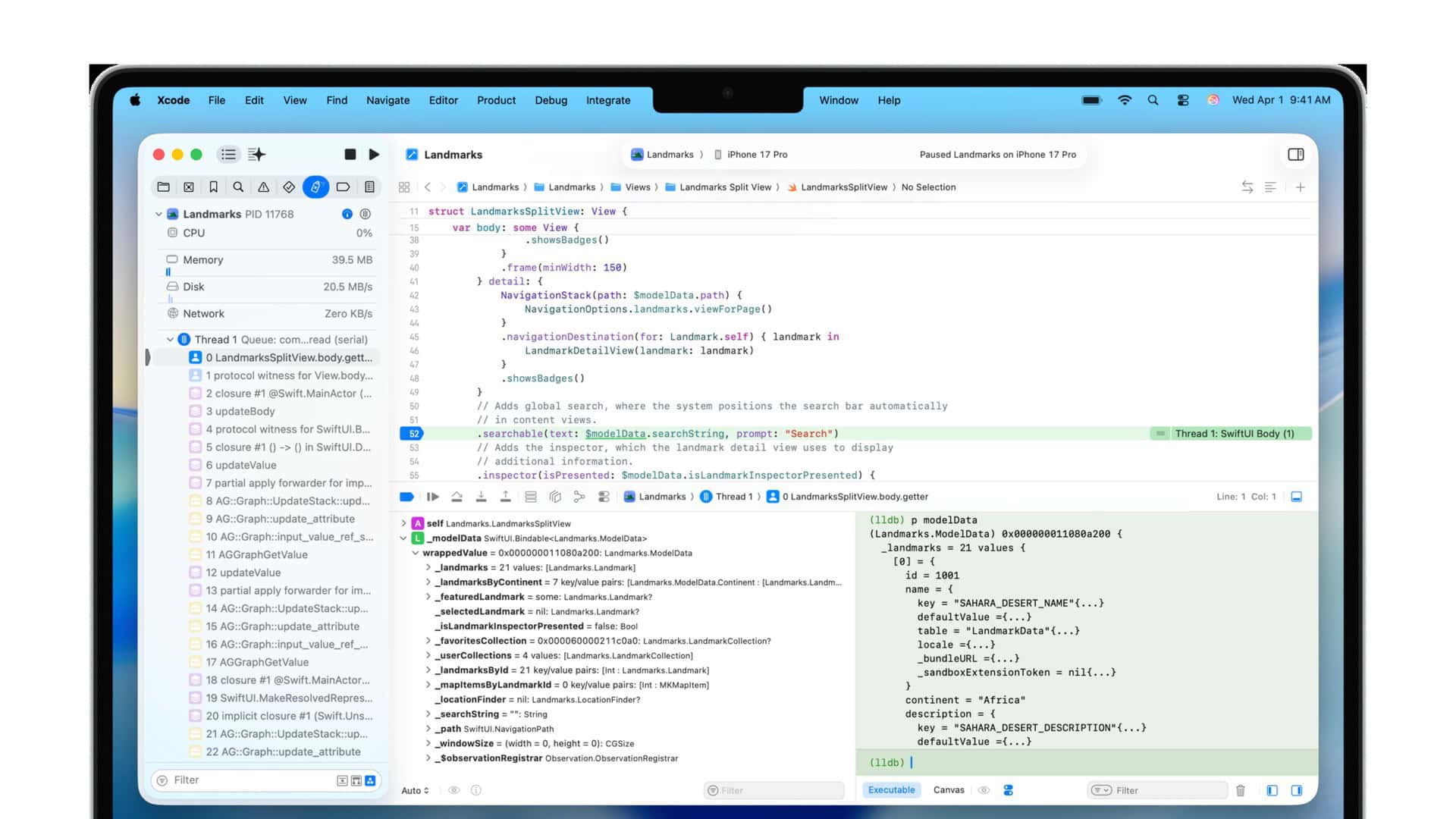 Xcode open on a Mac with source code and debugging tools