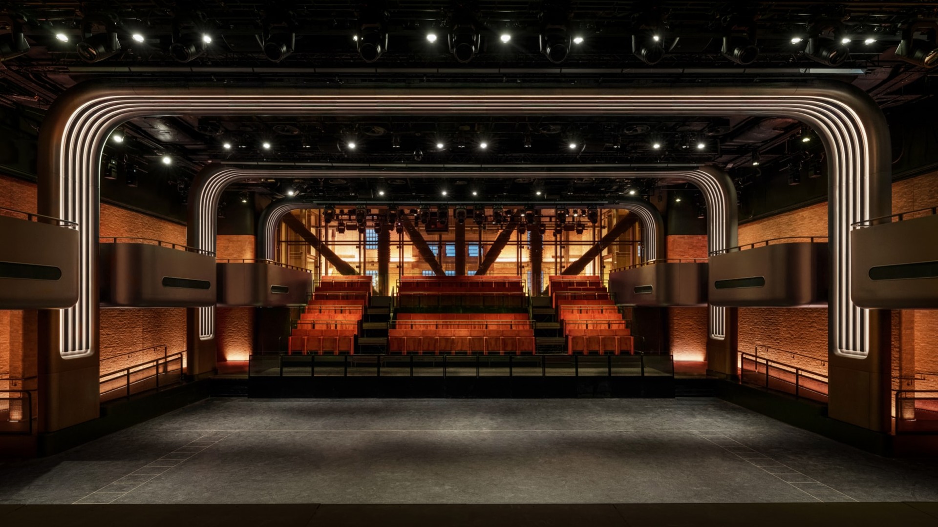 The performance space and seating inside Apple Music Hall