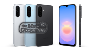 Samsung Galaxy A18 in silver, light blue and black, with a front view