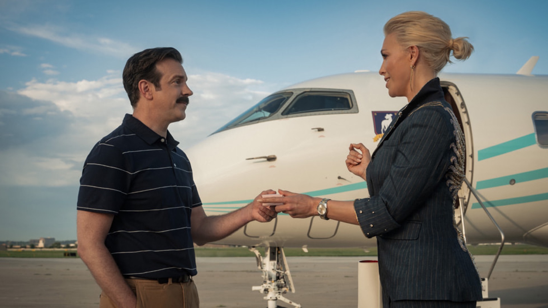 Ted Lasso and Rebecca Welton in Apple TV Season 4 promotional artwork