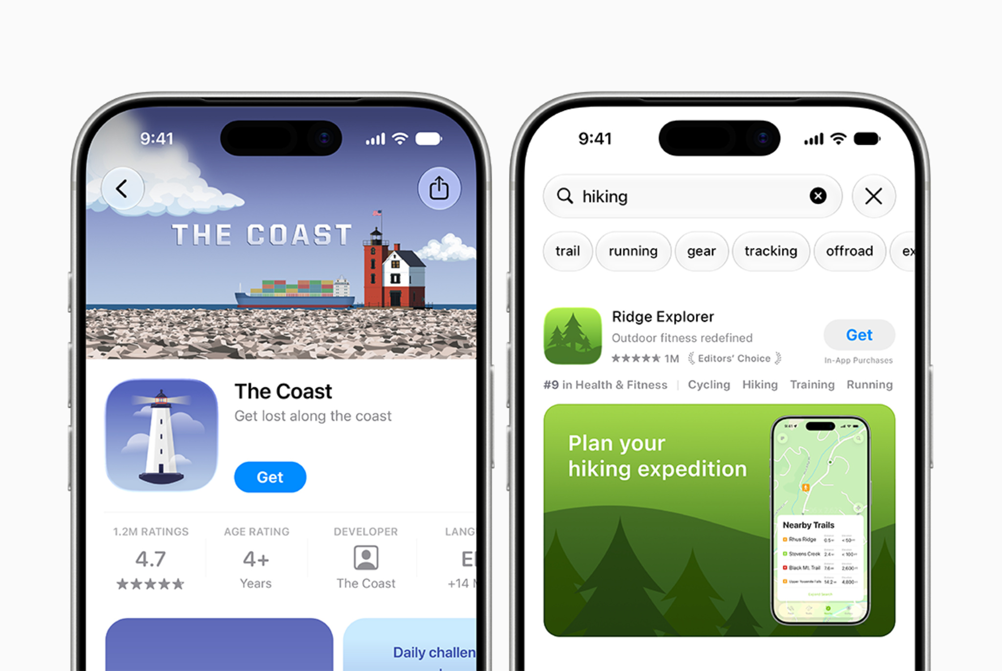 Two iPhones showing an App Store product page with an illustrated header and a search result with a creative asset