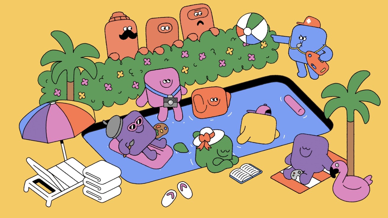 Illustration of app characters at a pool with a lifeguard keeping watch, from Apple App Store safety release