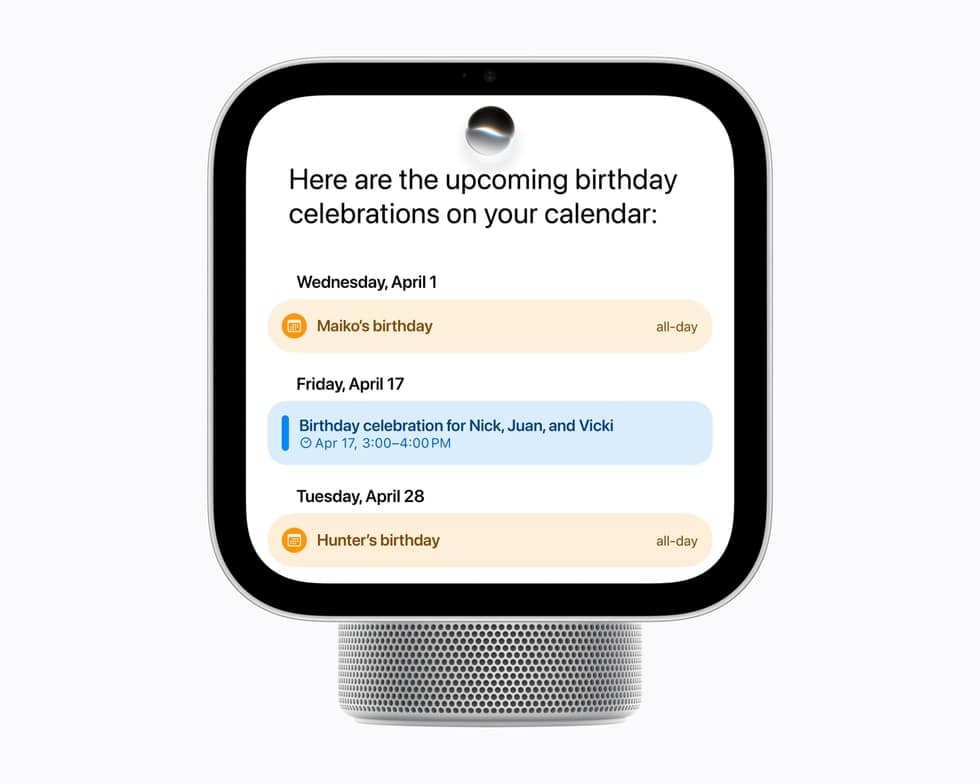 Siri AI showing calendar events on Apple HomeView