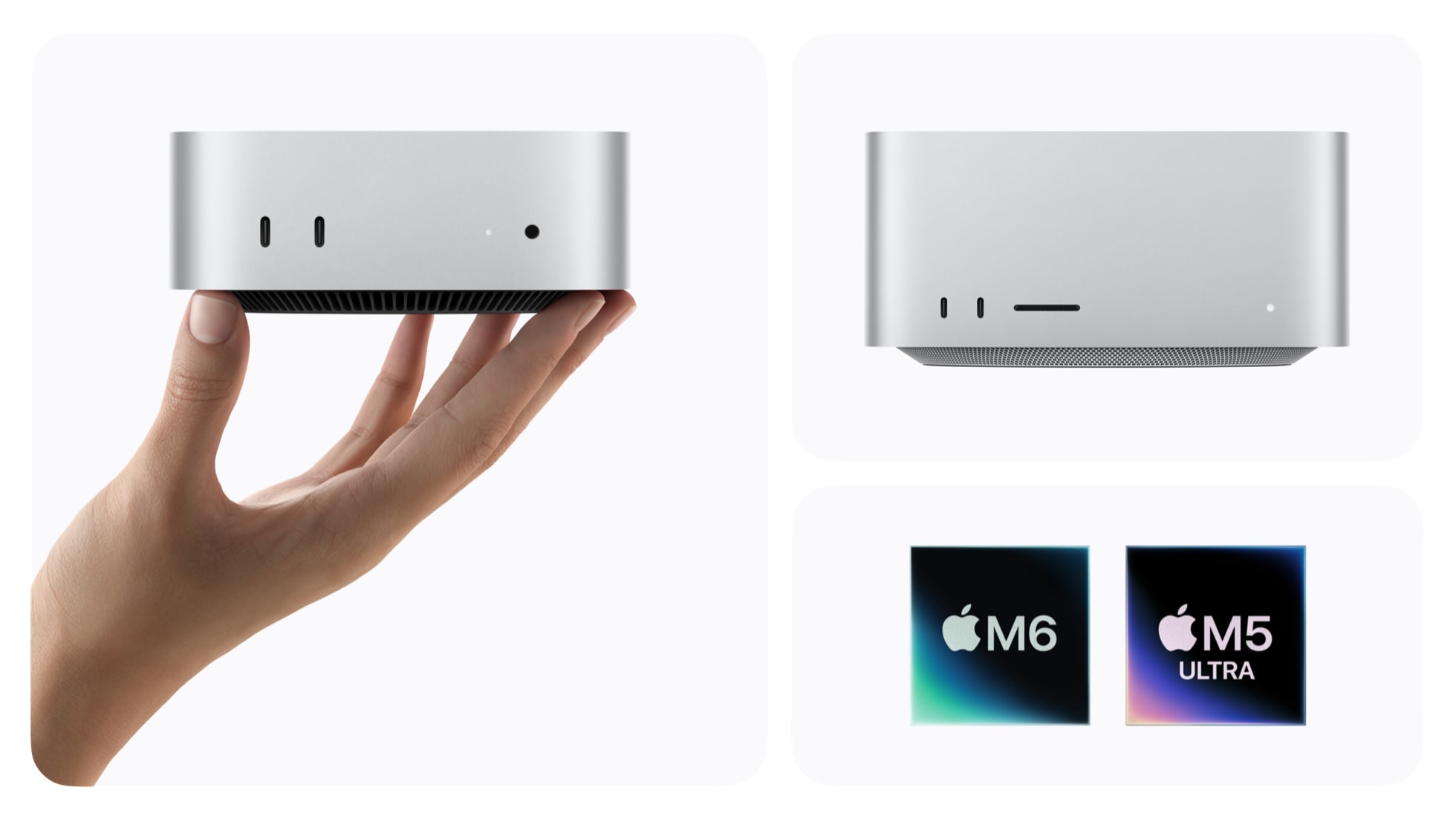 A hand holds up Mac mini next to Mac Studio and the M6 and M5 Ultra logos