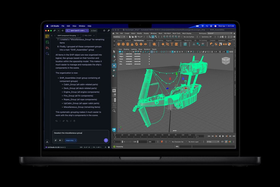 16-inch MacBook Pro with M5 Max running LM Studio and Autodesk Maya