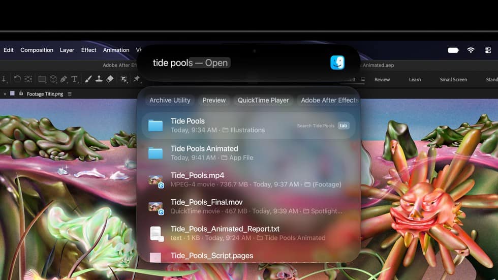 Spotlight search inside the Dynamic Island on the MacBook Pro with PROLED XDR display