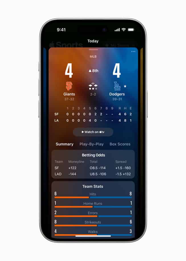 Apple Sports game page on iPhone with an MLB line score and team stats