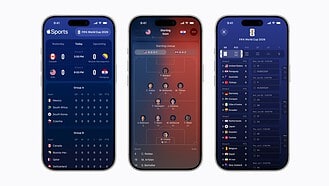 Apple Sports on three iPhones showing soccer scores, a starting lineup formation and tournament groups
