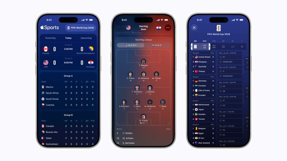 Apple Sports on three iPhones showing soccer scores, a starting lineup formation and tournament groups