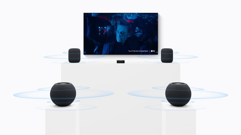 Apple TV 4K with four HomePod mini 2 speakers in a surround sound setup