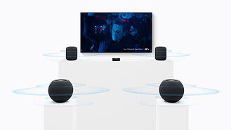 Apple TV 4K with four HomePod mini 2 speakers in a surround sound setup