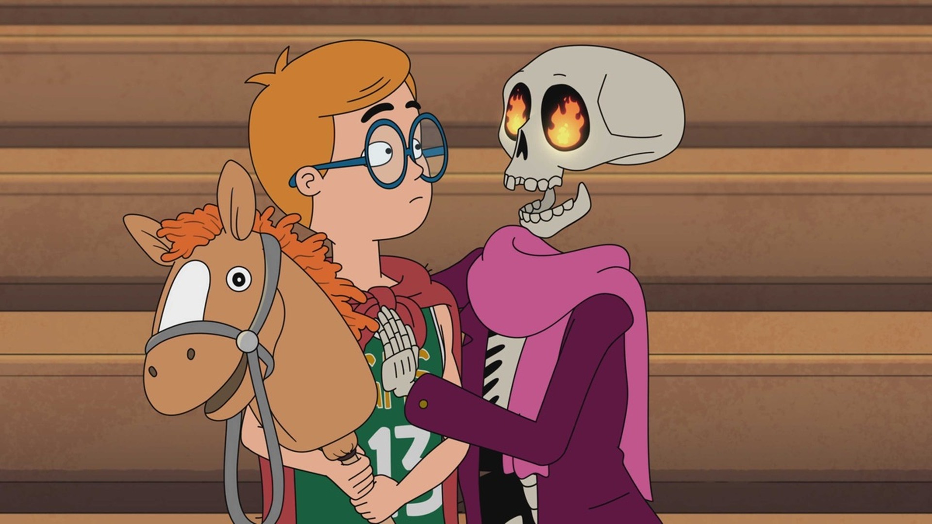 Stan rides a hobby horse beside Mr. Flesh in Grimsburg Season 3 Episode 2