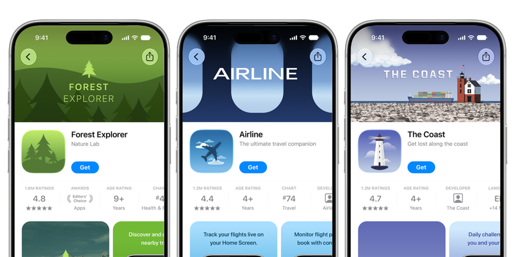 Three iPhone screens showing App Store product page headers for Forest Explorer, Airline and The Coast apps