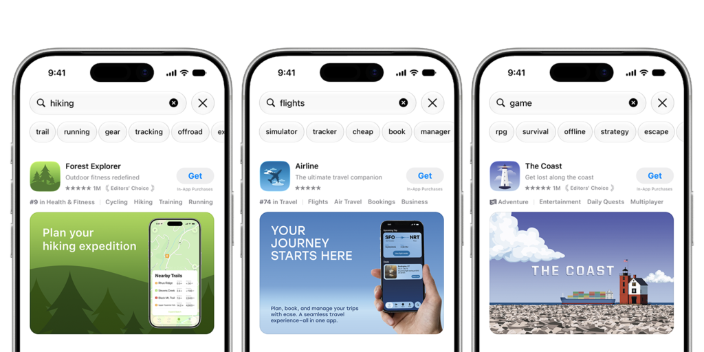 Three iPhone screens showing App Store search results with creative assets for Forest Explorer, Airline and The Coast apps