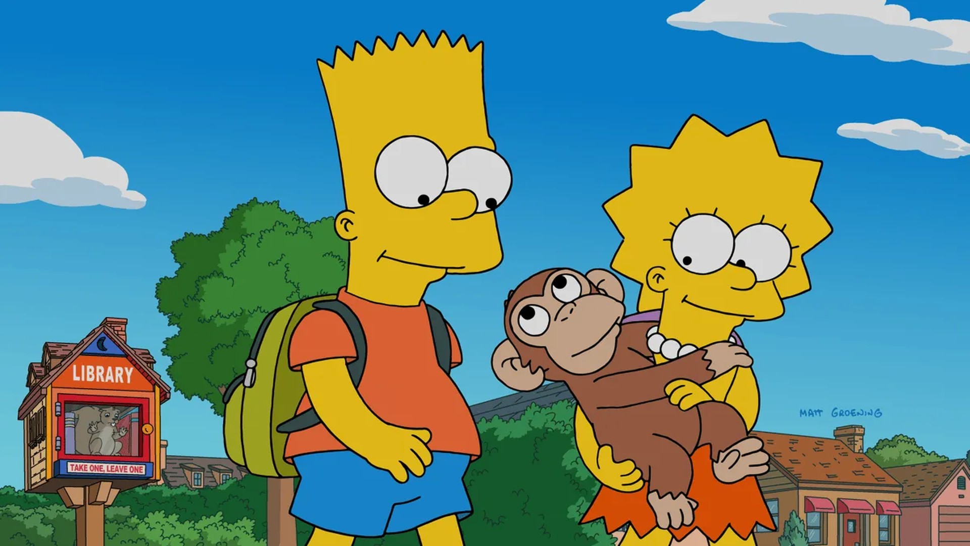 Bart and Lisa smile as Lisa holds the baby chimp in The Simpsons Season 38 Episode 2
