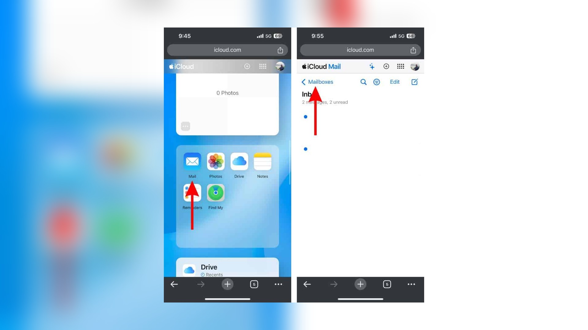 iCloud Mail shown in a mobile web browser
