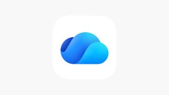 Microsoft OneDrive app artwork on an iPhone-style blue background